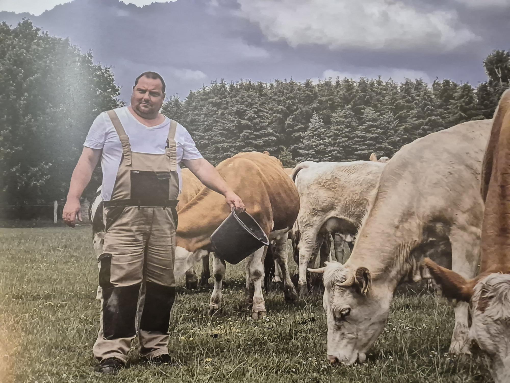 Bauer auf einer Weide mit Rindern